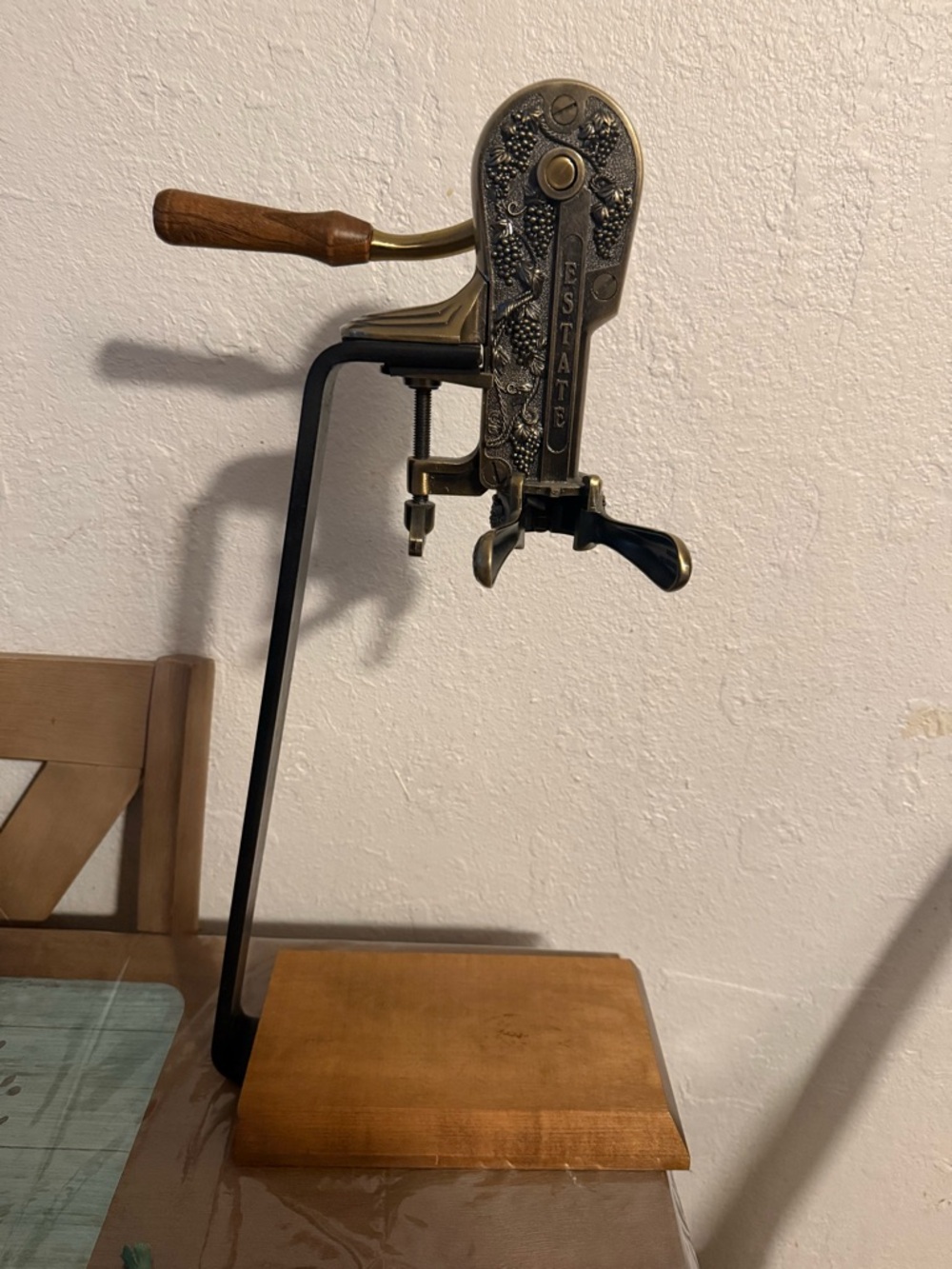 1. State Bronze Grape-Pattern Tabletop Corkscrew with Wood Handle